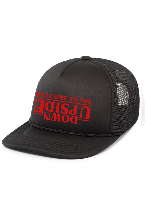 Mens Welcome To The Upside Down Rope Hat Embroidered Foam Front Mesh Back Trucker Hat, Black/Black