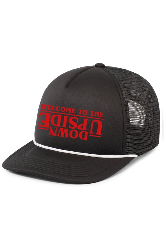 Mens Welcome To The Upside Down Rope Hat Embroidered Foam Front Mesh Back Trucker Hat, Black/White