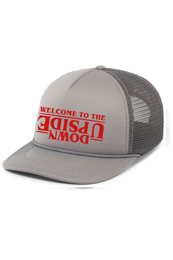 Mens Welcome To The Upside Down Rope Hat Embroidered Foam Front Mesh Back Trucker Hat, Graphite/Graphite