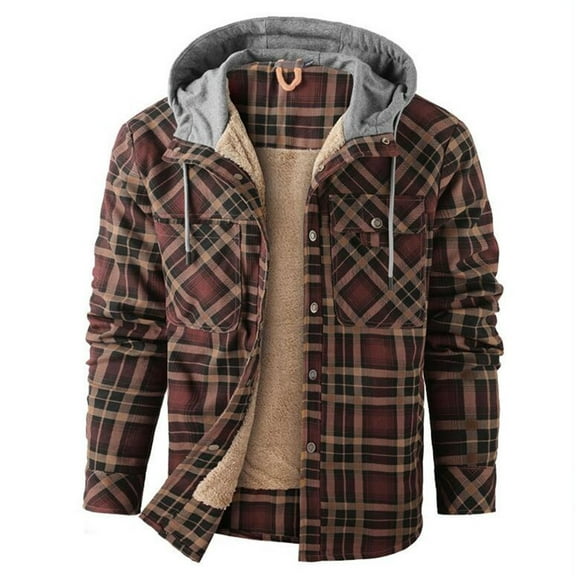 Mens Welding Jacket Plaid Hooded Velvet Warm Button Up Cardigan Business Loose Mens Fall Coats,Coffee,L