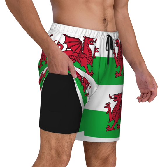 Mens Welsh Dragon Flag Swimming Trunks with Compression Liner Beach Quick Dry Swim Shorts