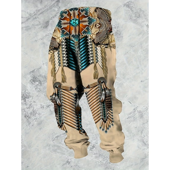 Mens Western Aztec Pants Vintage Drawstring Fall Sweatpants with Pocket Cool Graphic Baggy Jogger Pants Khaki L