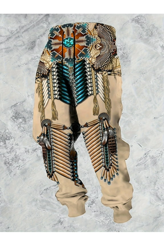 Mens Western Aztec Pants Vintage Drawstring Fall Sweatpants with Pocket Cool Graphic Baggy Jogger Pants Khaki L