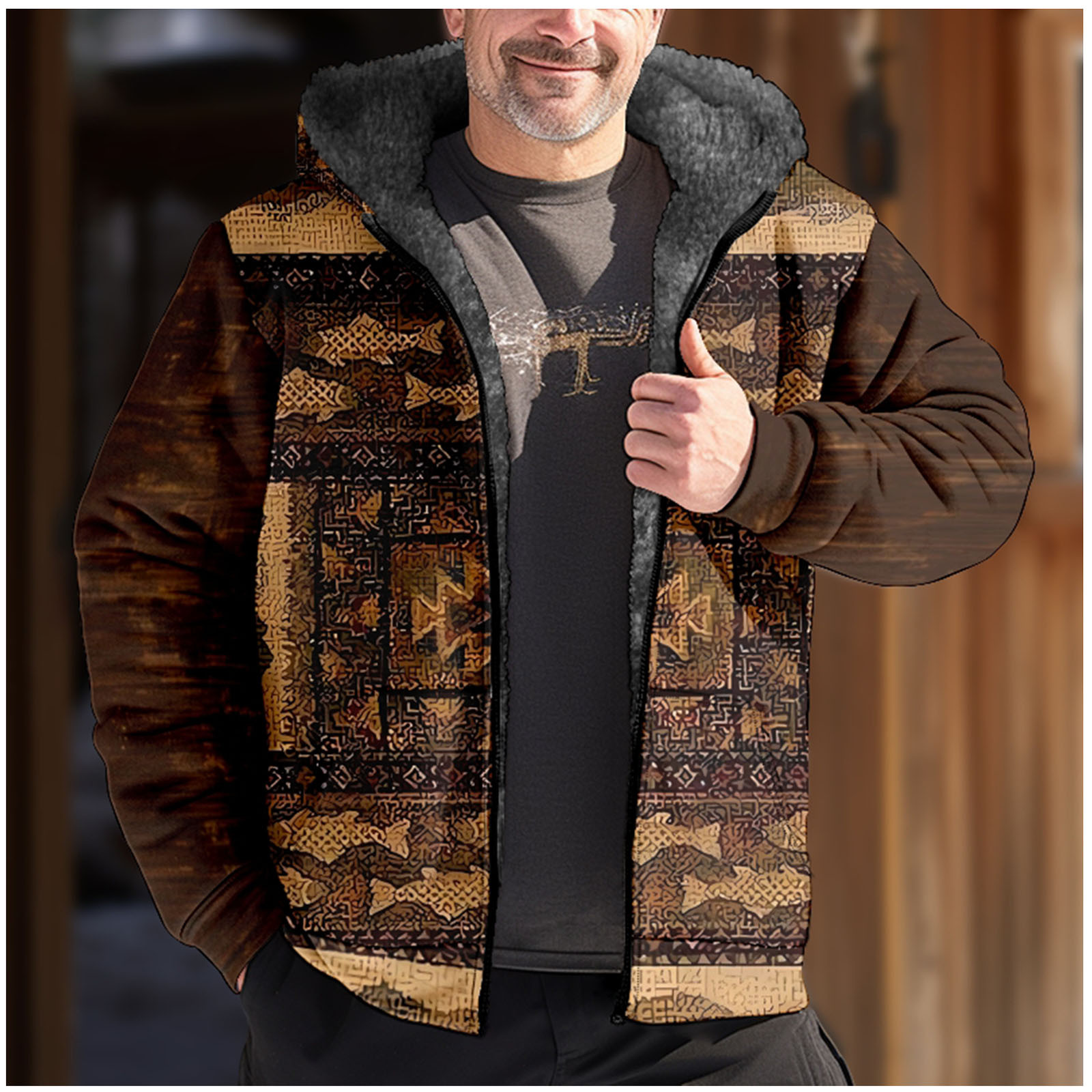 Mens Western Aztec Print Fleece Jacket,Men's Hooded Sweatshirt Tribal
