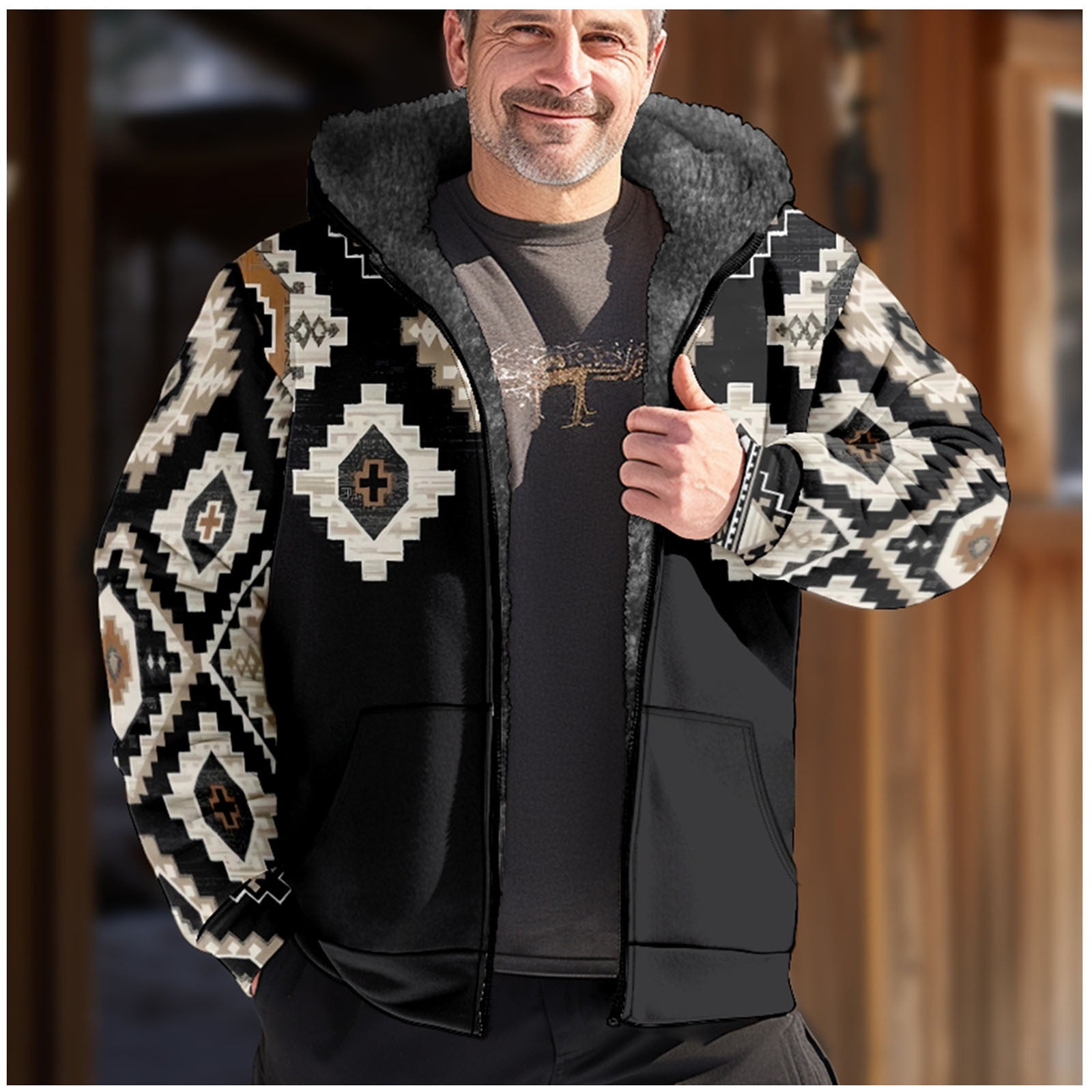Mens Western Aztec Print Fleece Jacket,Mens Fleece Lined Hoodie Jacket