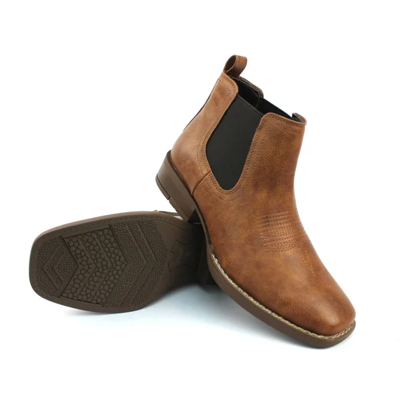 Mens Western Chelsea Cowboy Ankle Boots Square Toe Pull On Leather Block Heel (Brown, US Footwear Size System, Adult, Men, Numeric, Medium, 7.5)
