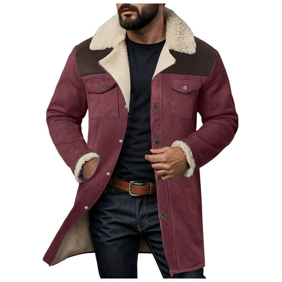 Mens Western Cowboy Jacket Distressed Suede Long Trench Coats Zip Up Sherpa Collar Leather Outdoor Jacket Retro Motorcycle Winter
