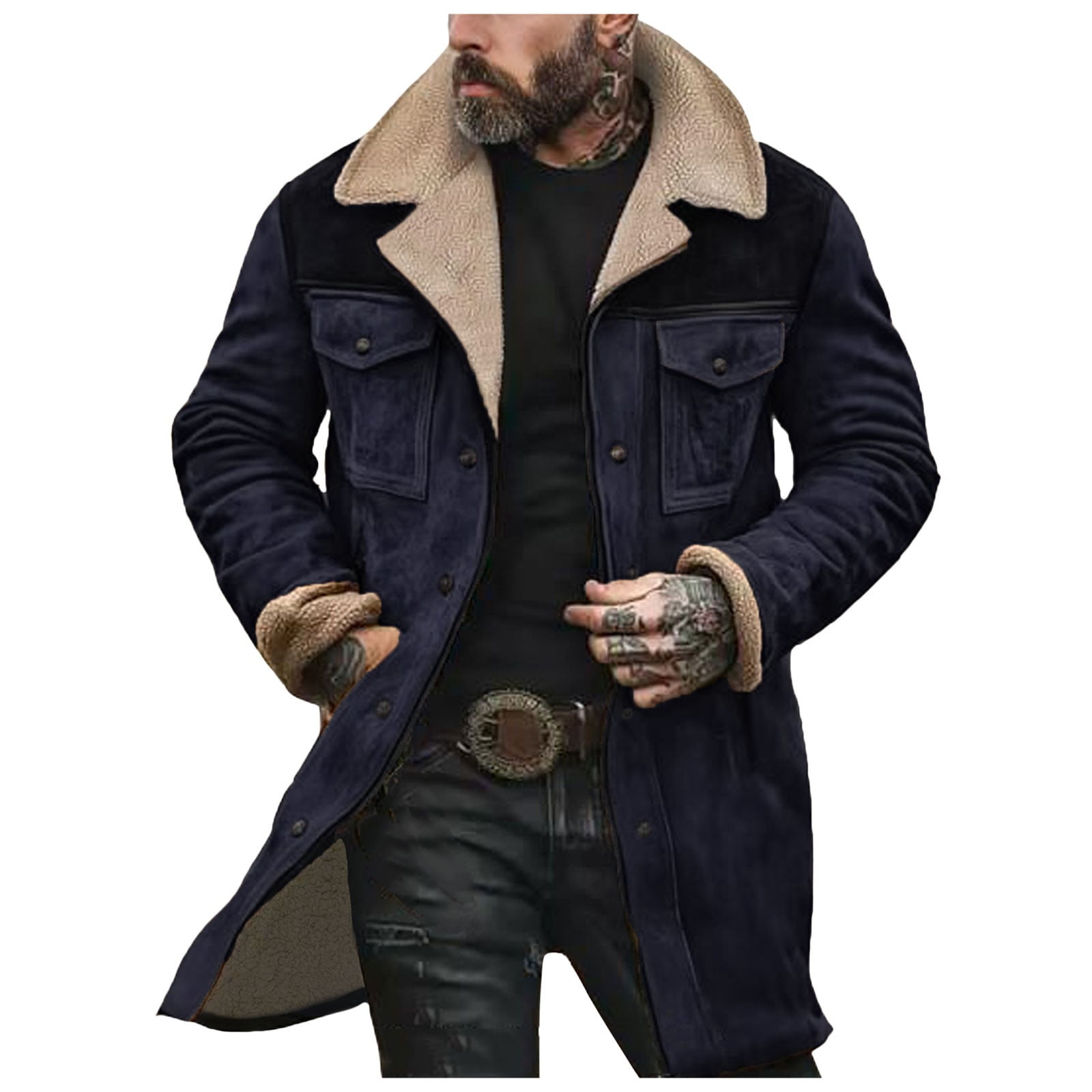 Mens Western Cowboy Jacket Distressed Suede Long Trench
