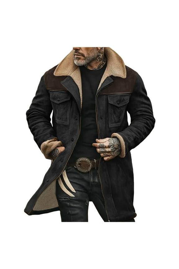 Mens Western Cowboy Jacket Vintage Suede Jacket Long Trench Coats Zip Up Plush Collar Cowboy Peacoat Retro Tops Outdoor Motorcycle Trucker