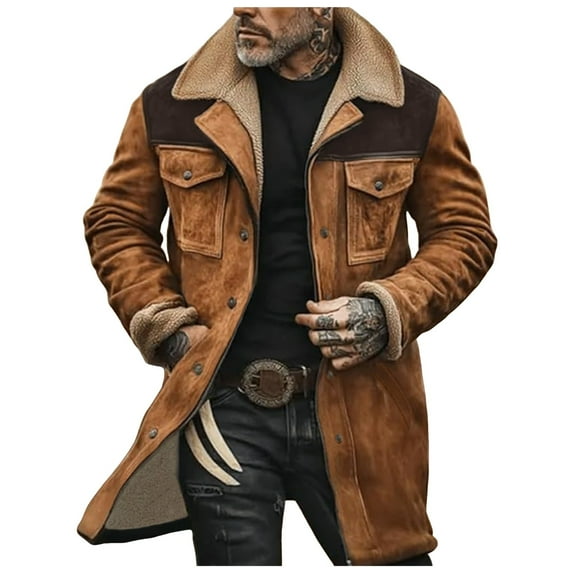 Mens Western Cowboy Jacket Vintage Suede Jacket Long Trench Coats Zip Up Plush Collar Cowboy Peacoat Retro Tops Outdoor Motorcycle Trucker