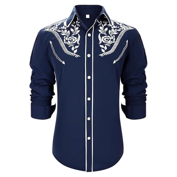 Mens Western Cowboy Long Sleeve Button Down Shirt Embroidered Slim Fit Casual Utility Shirt