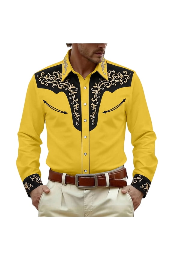 Mens Western Cowboy Printed Shirt Rugged Button Up Casual Long Sleeve Top Outdoor Country Concert Rodeo Dress Up