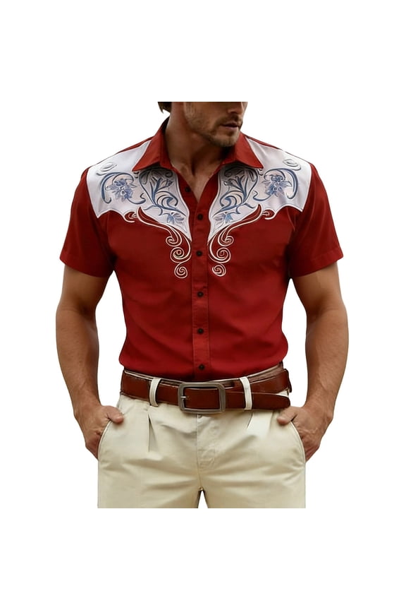 Mens Western Cowboy Printed Short Sleeve Button Up Shirt Casual Tee Alternative Blend Country Concert Rodeo Dress Up