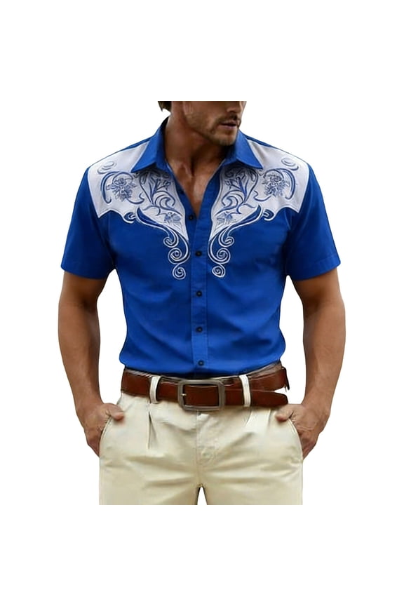 Mens Western Cowboy Printed Short Sleeve Button Up Shirt Casual Tee Alternative Blend Country Concert Rodeo Dress Up