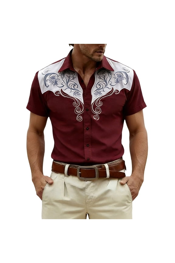 Mens Western Cowboy Printed Short Sleeve Button Up Shirt Casual Tee Alternative Blend Country Concert Rodeo Dress Up