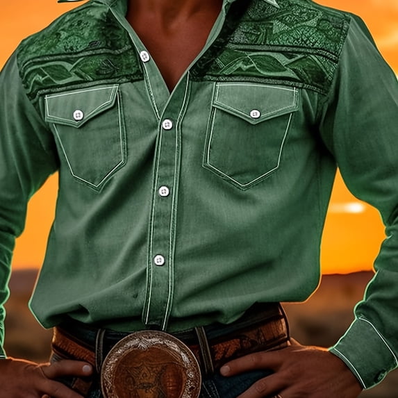 Mens Western Cowboy Shirt Button Down Long Sleeve Embroidered Casual Slim Fit Vintage Dress Shirts Green L