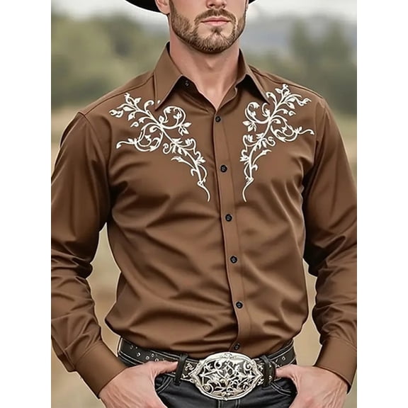 Mens Western Cowboy Shirt Casual Button Down Long Sleeve Embroidered Shirts Brown XXL
