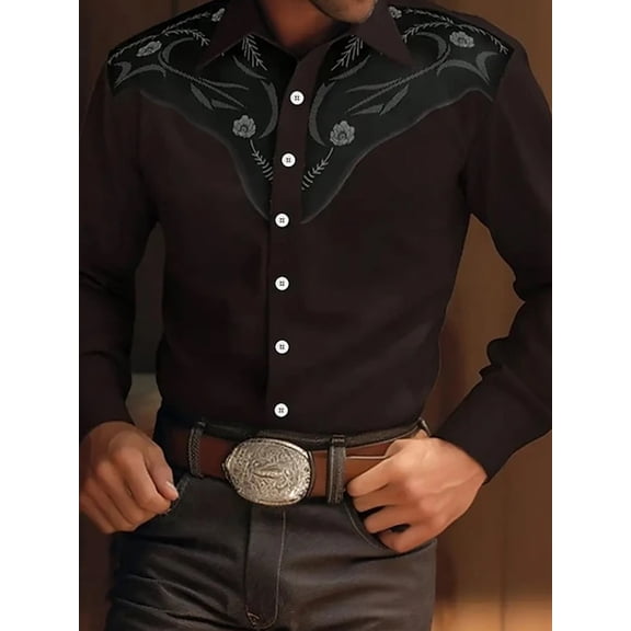 Mens Western Cowboy Shirt Casual Button Down Long Sleeve Embroidered Shirts Wine M