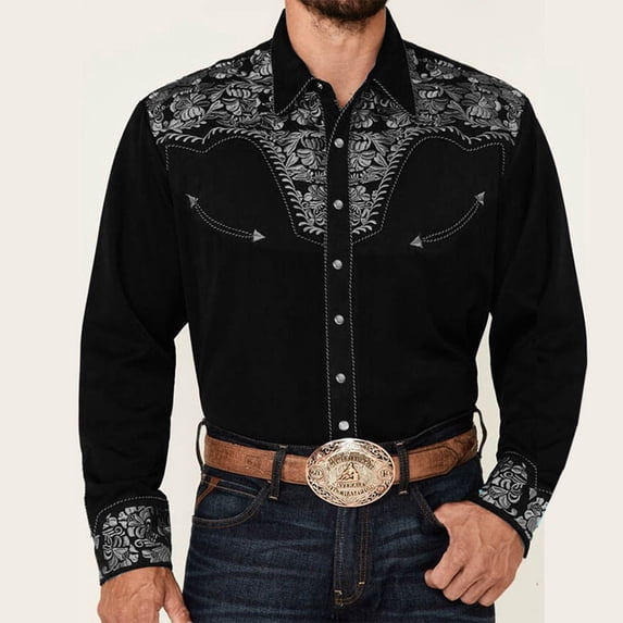 Mens Western Cowboy Shirt Embroidered Long Sleeve Button Down Shirts Casual Party Tops Light Gray M