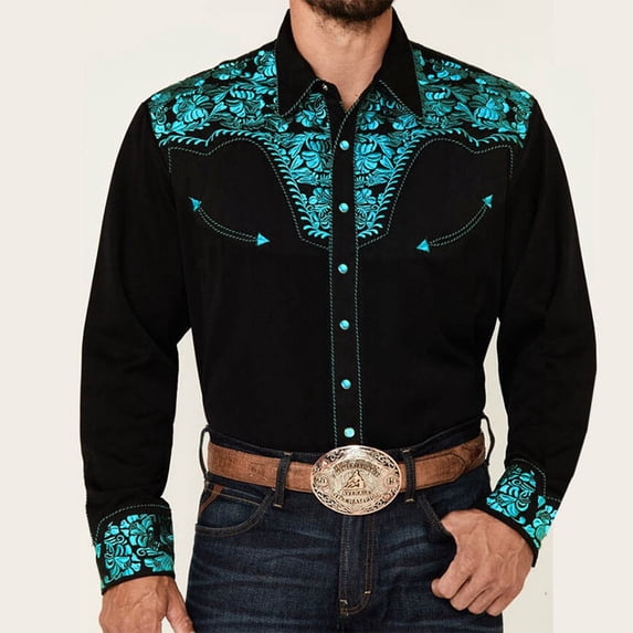 Mens Western Cowboy Shirt Embroidered Long Sleeve Button Down Shirts Casual Party Tops Sky Blue XL