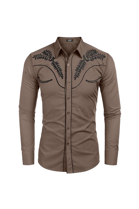 Mens Western Cowboy Shirt Embroidered Long Sleeve Button Down Shirts Casual Spring Fall Coffee M