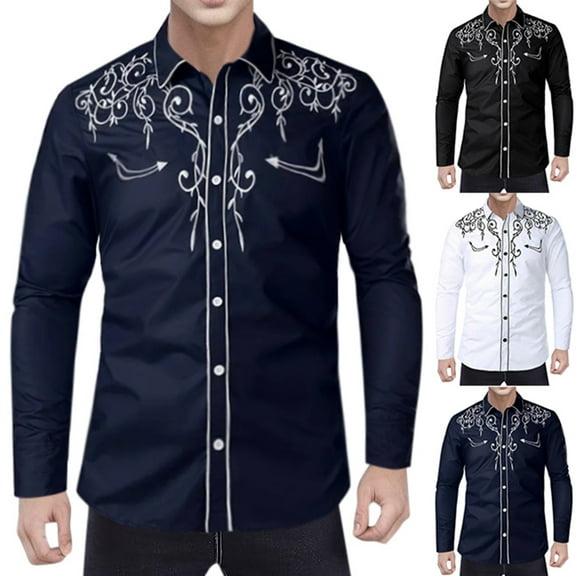Mens Western Cowboy Shirt Embroidered Long Sleeve Button Down Spring Fall Shirts Casual Blue L