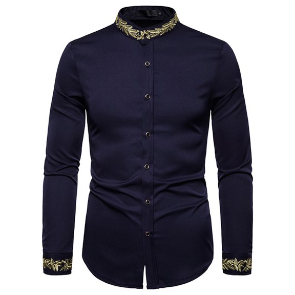 Mens Western Cowboy Shirt Embroidered Long Sleeve Dress Shirt Casual Button Down Mock Neck Slim Fit Shirt