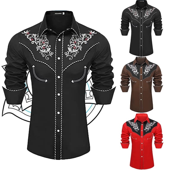 Mens Western Cowboy Shirt Embroidered Long Sleeve Pearl Snap Shirt Rhinestone Button Down Shirt Casual Black L