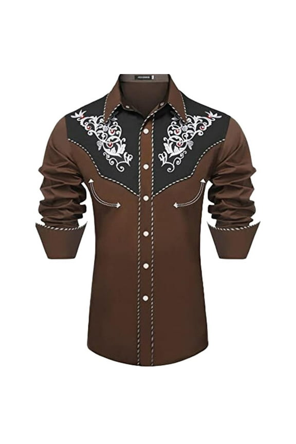 Mens Western Cowboy Shirt Embroidered Long Sleeve Pearl Snap Shirt Rhinestone Button Down Shirt Casual Brown L