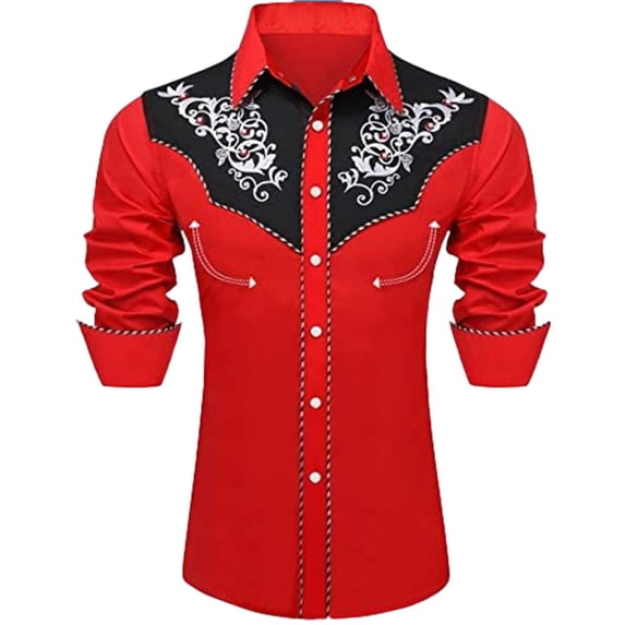 Western Cowboy Shirt for Men Long Sleeve Embroidered Button Down Shirts Slim Fit Spring Fall Red XXL