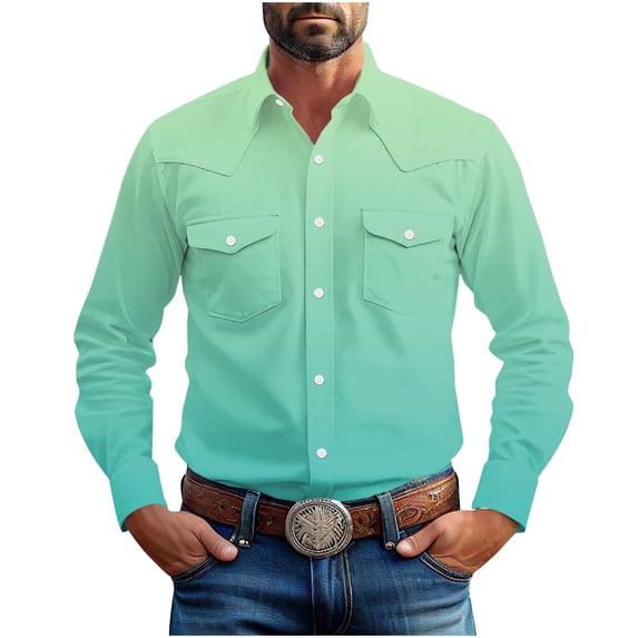 Mens Western Cowboy Shirt Lightweight Spring Long Sleeve Stretch Fit Dress Shirts Casual Cotton Button Up Work Tops
