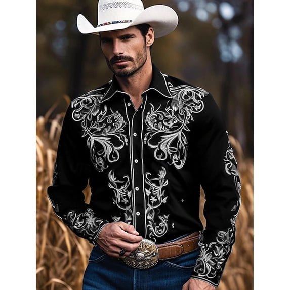 Mens Western Cowboy Shirt Long Sleeve Button Down Work Shirts with Pockets Regular Fit Work Basic Shirt Black _L