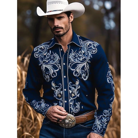 Mens Western Cowboy Shirt Long Sleeve Button Down Work Shirts with Pockets Regular Fit Work Basic Shirt Blue _M