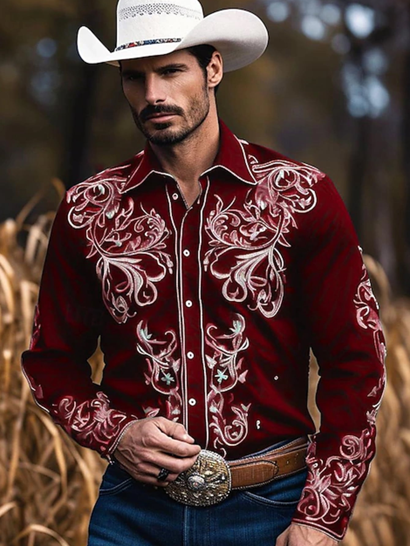 Mens Western Cowboy Shirt Long Sleeve Button Down Work Shirts with ...