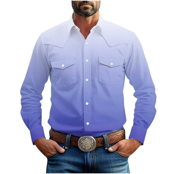 Mens Western Cowboy Shirts Button Down Long Sleeve Work Shirt Fall Casual Vintage Shirts Jacket with Two Pockets