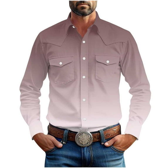 Mens Western Cowboy Shirts Button Down Long Sleeve Work Shirt Fall Casual Vintage Shirts Jacket with Two Pockets