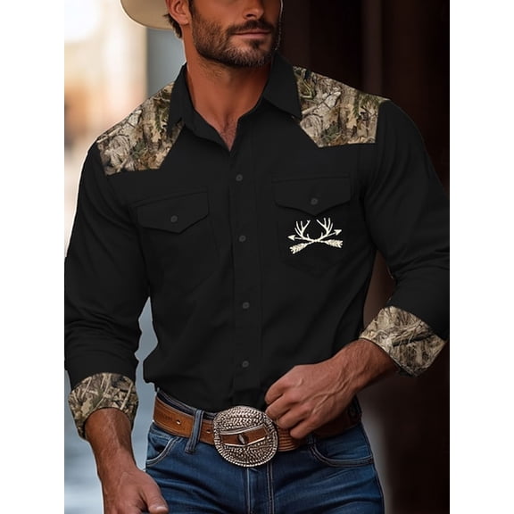 Mens Western Cowboy Shirts Button Down Long Sleeve Work Shirt Fall Casual Vintage Utility Shirts with Pockets Black _L