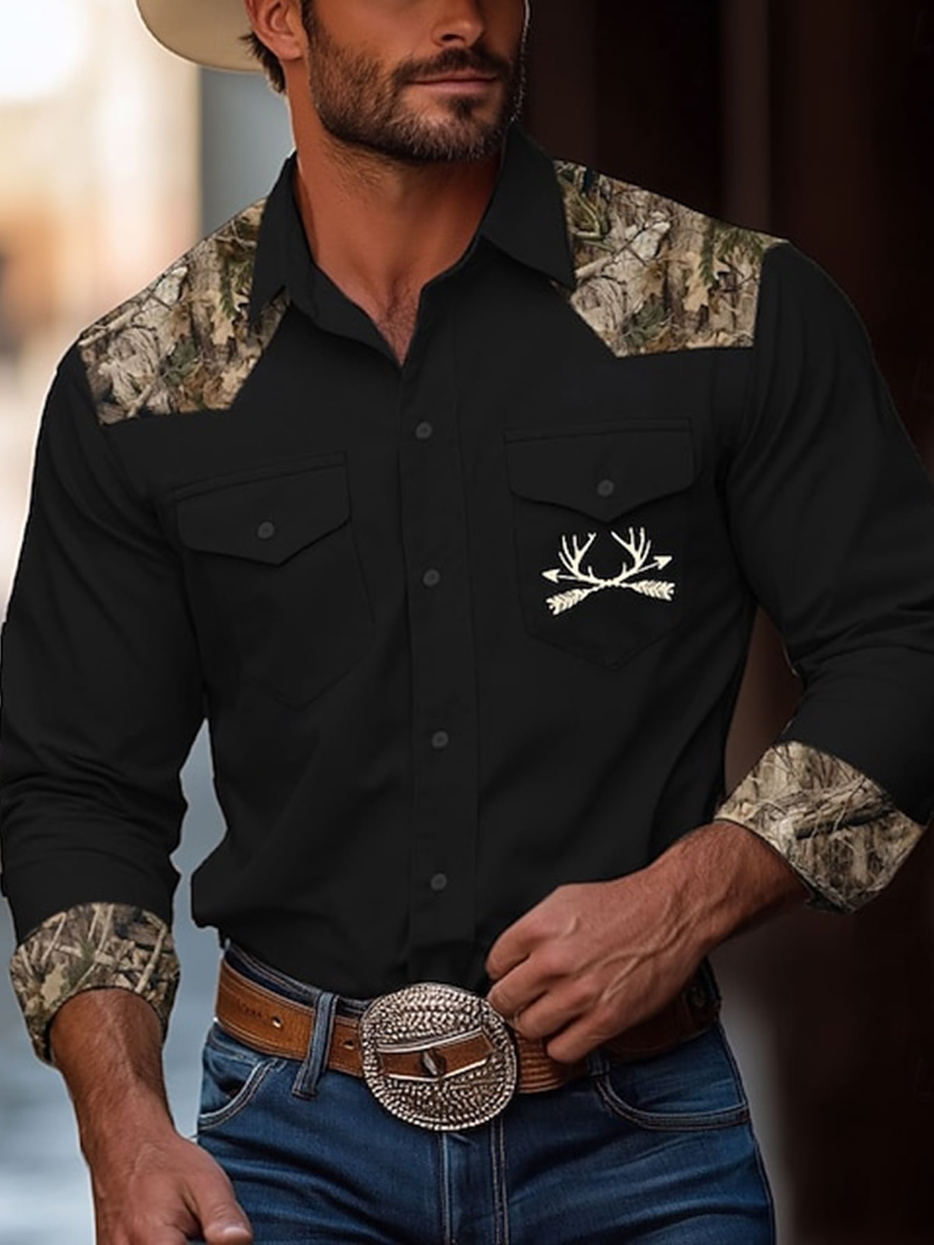 Mens Western Cowboy Shirts Button Down Long Sleeve Work Shirt Fall ...