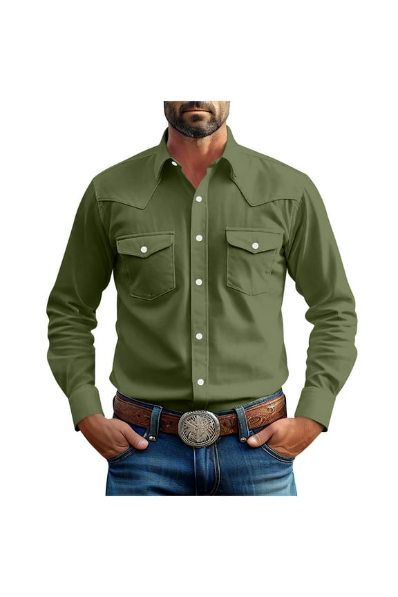 Mens Western Cowboy Shirts Button Up Shirts Long Sleeve Cotton Work Shirts for Men with Two Pockets