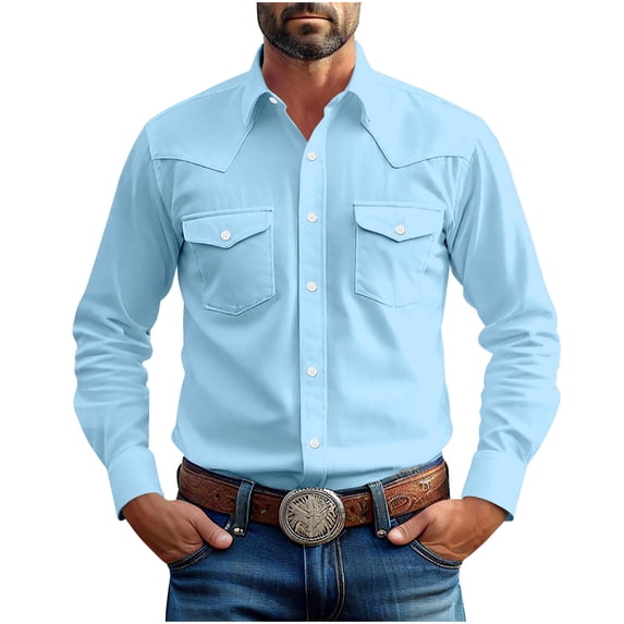 Mens Western Cowboy Shirts Button Up Shirts Long Sleeve Cotton Work Shirts for Men with Two Pockets