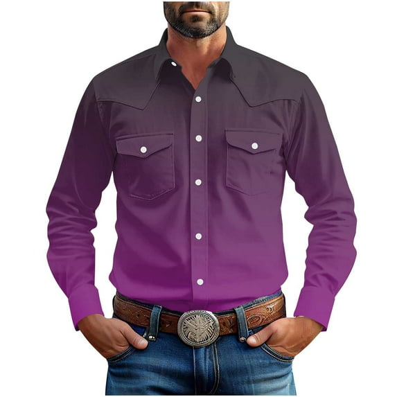 Mens Western Cowboy Shirts Gradient Color Button Up Shirts Long Sleeve Cotton Work Shirts with Two Pockets