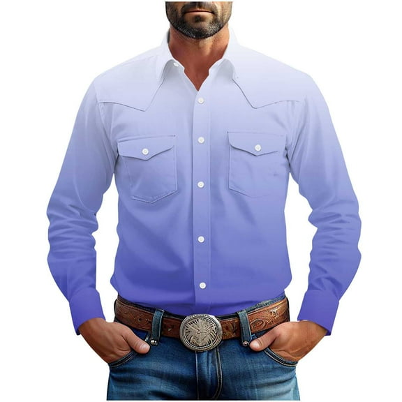 Mens Western Cowboy Shirts Gradient Color Button Up Shirts Long Sleeve Cotton Work Shirts with Two Pockets