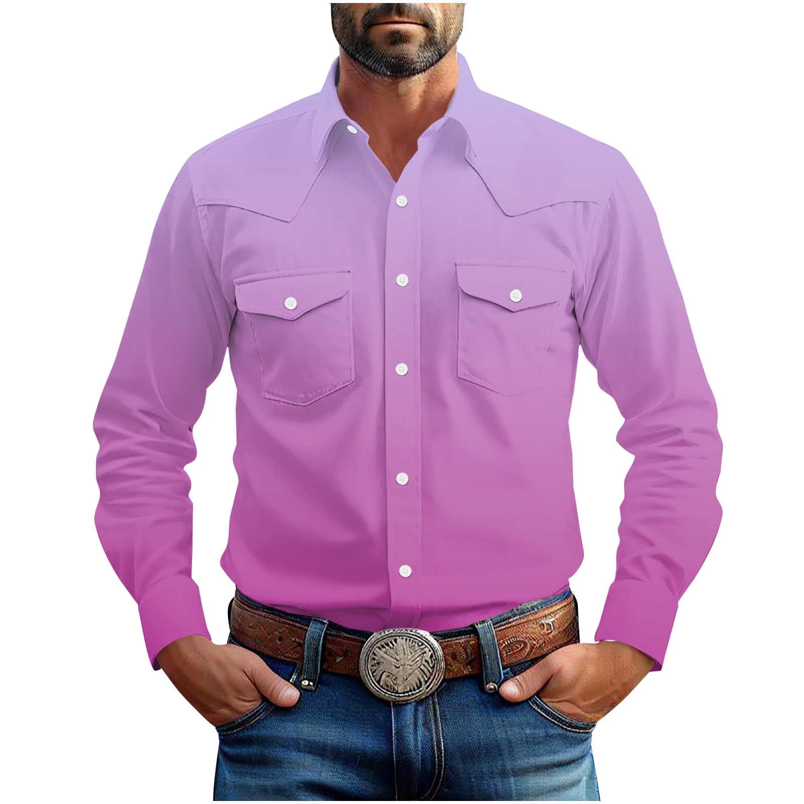 Mens Western Cowboy Shirts Gradient Color Button Up Shirts Long Sleeve ...
