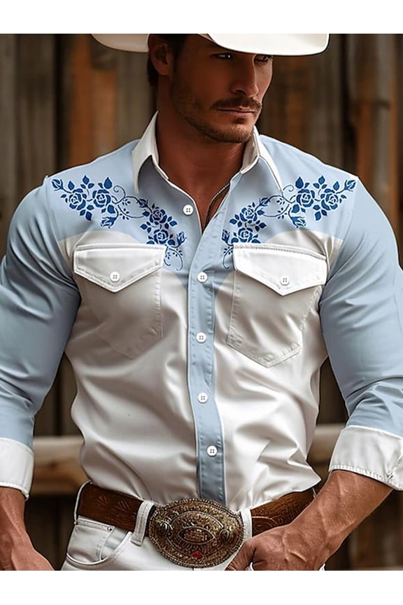 Mens Western Cowboy Shirts Long Sleeve Shirts with Two Pockets Embroidered Tops Blue L