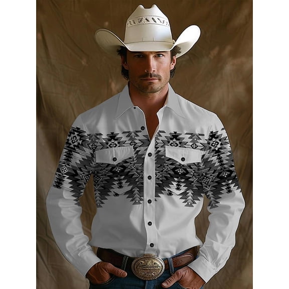 Mens Western Cowboy Shirts Long Sleeve Shirts with Two Pockets Embroidered Tops Gray 3XL
