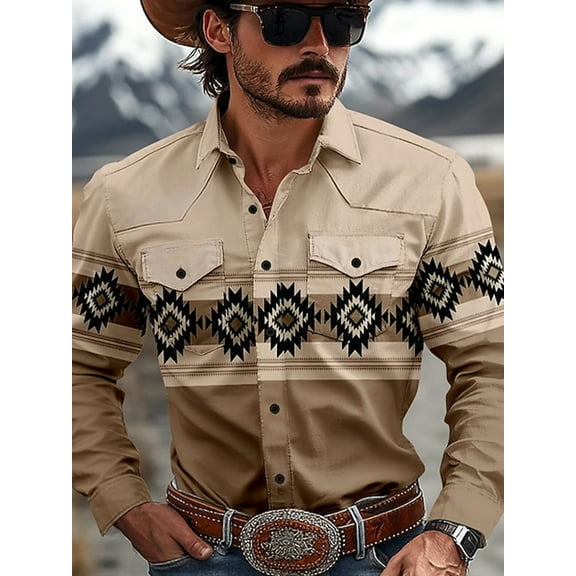 Mens Western Cowboy Shirts Long Sleeve Shirts with Two Pockets Embroidered Tops Khaki 3XL