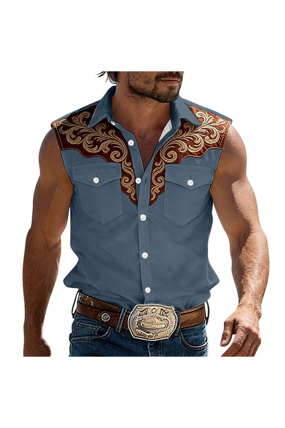 Mens Western Cowboy Sleeveless Shirt Geometric Pattern Vintage Summer Lightweight Retro Casual Button Up M