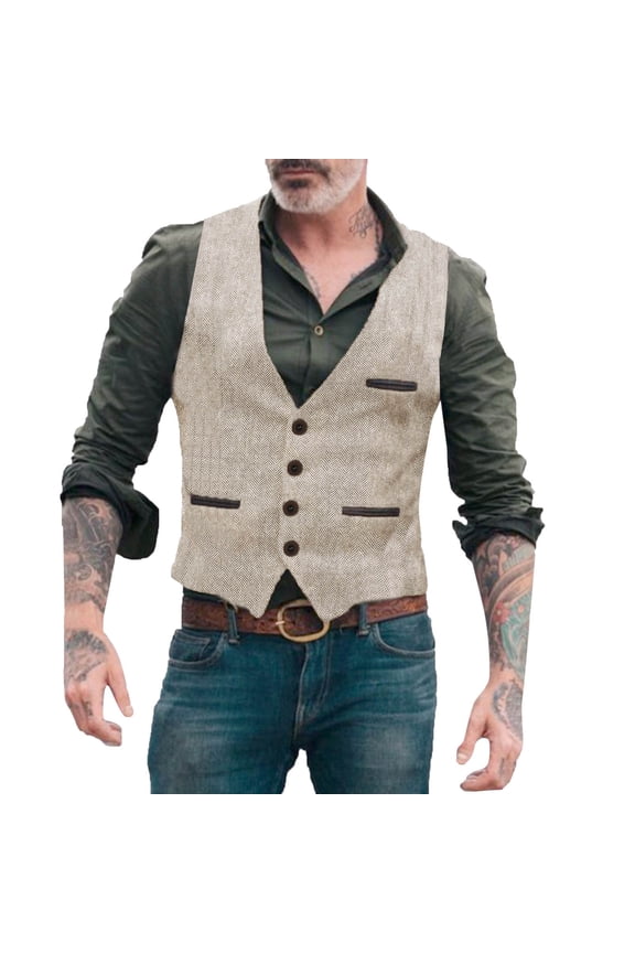 Mens Western Cowboy Solid Color Buttoned Suit Vest Herringbone Pattern Vest Pocket V Neck Trendy Vest Jacket Country Concert Rodeo Dress Up
