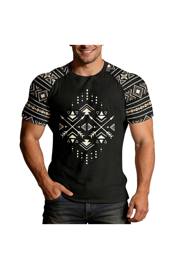 Mens Western Cowboy Summer Denim Print Short Sleeve Crew Neck Raglan Tee Country Concert Rodeo Dress Up