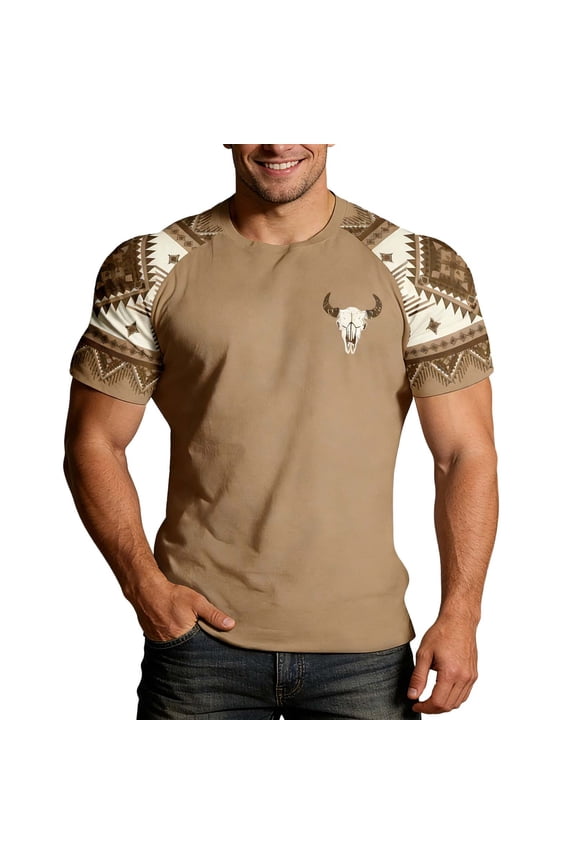 Mens Western Cowboy Summer Denim Print Short Sleeve Crew Neck Top Country Concert Rodeo Dress Up